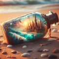 image of a whimsical world contained within a bottle drifting along the shores.