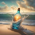 image of a whimsical world contained within a bottle drifting along the shores.