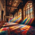 sunlight filters through the glass windows and casting spectrum of rainbow colors. Royalty Free Stock Photo