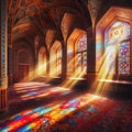 sunlight filters through the glass windows and casting spectrum of rainbow colors. Royalty Free Stock Photo
