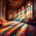sunlight filters through the glass windows and casting spectrum of rainbow colors. Royalty Free Stock Photo