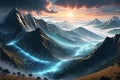 Artificial Intelligence-Generated Landscape: Vast Mountains Shrouded in Mist, Binary Code Sky Overlay