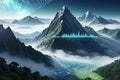 Artificial Intelligence-Generated Landscape: Vast Mountains Shrouded in Mist, Binary Code Sky Overlay