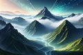 Artificial Intelligence-Generated Landscape: Vast Mountains Shrouded in Mist, Binary Code Sky Overlay