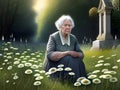 image of someone kneeling by a grave in an overgrown garden mourning over the lost loved one. Royalty Free Stock Photo