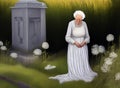 image of someone kneeling by a grave in an overgrown garden mourning over the lost loved one. Royalty Free Stock Photo