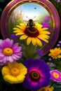 image of the bumble-bee flying around or surround by ornate flowers garden scene. Royalty Free Stock Photo