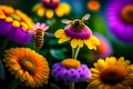 image of the bumble-bee flying around or surround by ornate flowers garden scene. Royalty Free Stock Photo