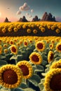 image of colorful landscape field of sunflowers agriculture farm at the golden hour scene. Royalty Free Stock Photo