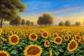 image of colorful landscape field of sunflowers agriculture farm at the golden hour scene. Royalty Free Stock Photo