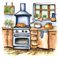 painterly image of a dreamy kitchen in a cottage showing an old oven or stove with a woodstack Royalty Free Stock Photo