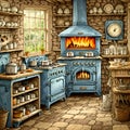 painterly image of a dreamy kitchen in a cottage showing an old oven or stove with a woodstack Royalty Free Stock Photo
