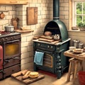 painterly image of a dreamy kitchen in a cottage showing an old oven or stove with a woodstack Royalty Free Stock Photo