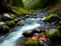 image of the slow exposure photography of water streaming down from the mountainous river. Royalty Free Stock Photo