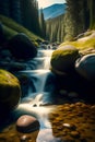 image of the slow exposure photography of water streaming down from the mountainous river. Royalty Free Stock Photo