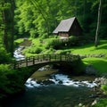 a tranquil forest with a winding river crossing the bridge along the cottage.