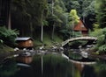 a tranquil forest with a winding river crossing the bridge along the cottage.