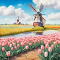 image of Tulip fields, fluffy clouds and windmill in the beautiful landscape of Netherlands.