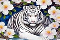 image of ukiyo style water color painting of a white tiger in front of the blossom flower.
