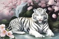 image of ukiyo style water color painting of a white tiger in front of the blossom flower.