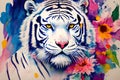 image of ukiyo style water color painting of a white tiger in front of the blossom flower. Royalty Free Stock Photo