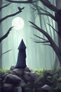 image of the a vivid illustration of a mysterious shadow creature cloaked in shadowy forest scene.