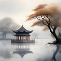 splash watercolor arts of a light mist envelops the Slender West Lake in Yangzhou, East China\'s Jiangsu province.