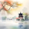 splash watercolor arts of a light mist envelops the Slender West Lake in Yangzhou, East China\'s Jiangsu province.