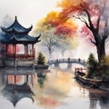 splash watercolor arts of a light mist envelops the Slender West Lake in Yangzhou, East China\'s Jiangsu province.