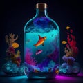 surreal image of the psychedelic ocean inside a glass bottle. Royalty Free Stock Photo