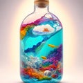 surreal image of the psychedelic ocean inside a glass bottle. Royalty Free Stock Photo