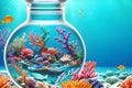 surreal image of the psychedelic ocean inside a glass bottle. Royalty Free Stock Photo