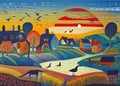 landscape with houses,field,sunrise, river,animals,birds, cars and people rendered in art Brut style