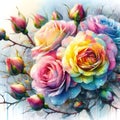 watercolor drawing of beautiful rainbow rose, on a wintry background.