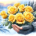 watercolor drawing of beautiful rainbow rose, on a wintry background.