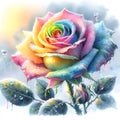 watercolor drawing of beautiful rainbow rose, on a wintry background.