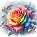 watercolor drawing of beautiful rainbow rose, on a wintry background.