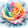 watercolor drawing of beautiful rainbow rose, on a wintry background.