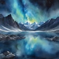 watercolor of a glassy placid lake in the arctic mountains, a glowing galactic nebulae night sky.