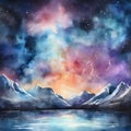 watercolor of a glassy placid lake in the arctic mountains, a glowing galactic nebulae night sky. Royalty Free Stock Photo