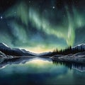 watercolor of a glassy placid lake in the arctic mountains, a glowing galactic nebulae night sky. Royalty Free Stock Photo