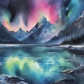 watercolor of a glassy placid lake in the arctic mountains, a glowing galactic nebulae night sky.