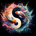 watercolor of splash dancing of the Yin Yang Koi on the surface of the water. Royalty Free Stock Photo