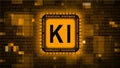 Artificial intelligence KI lettering on chip - orange abstract background of blurred binary code - information technology concept