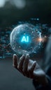Artificial intelligence glowing sphere above hand with digital data and futuristic technology concept Royalty Free Stock Photo