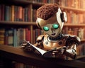 Artificial intelligence going to school with robot learning with books.