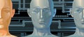 Artificial intelligence head. Vector. The face of a humanoid metal robot without emotion. Cloning: creating a clone of people. Fan