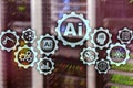 Artificial intelligence hi-tech business technologies concept. Futuristic server room background. AI