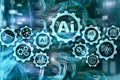Artificial intelligence hi-tech business technologies concept. Futuristic server room background. AI
