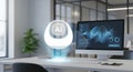 Artificial Intelligence Hologram Floating Above Office Desk With Computer Displaying Data Royalty Free Stock Photo
